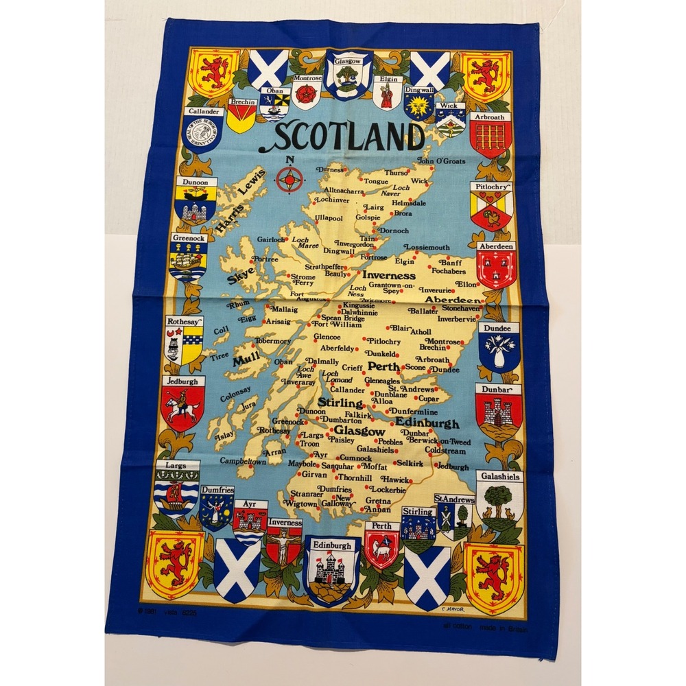 Vintage Scotland Map Tea Towel Cotton Souvenir City Crests Britain